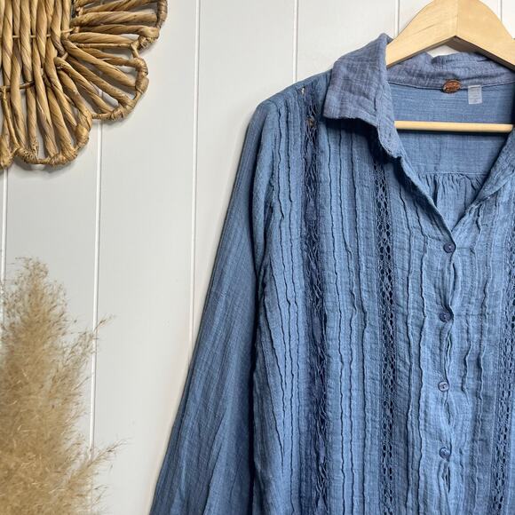 Free People button-down shirt floral eyelet lace boho top cotton blend - Picture 4 of 6